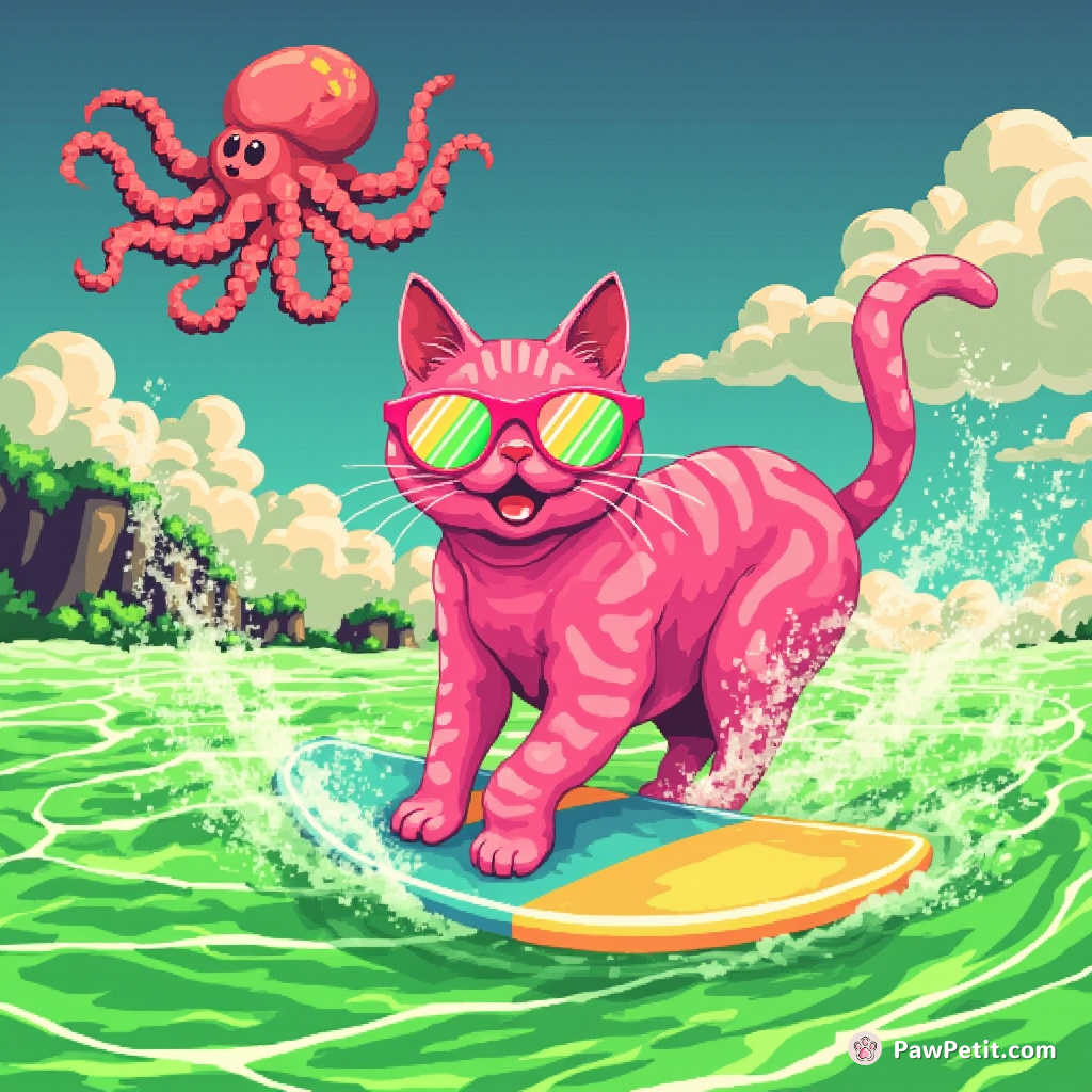 A neon-pink cat surfing on lime Jell-O, with an octopus cheering in the peanut butter sky.