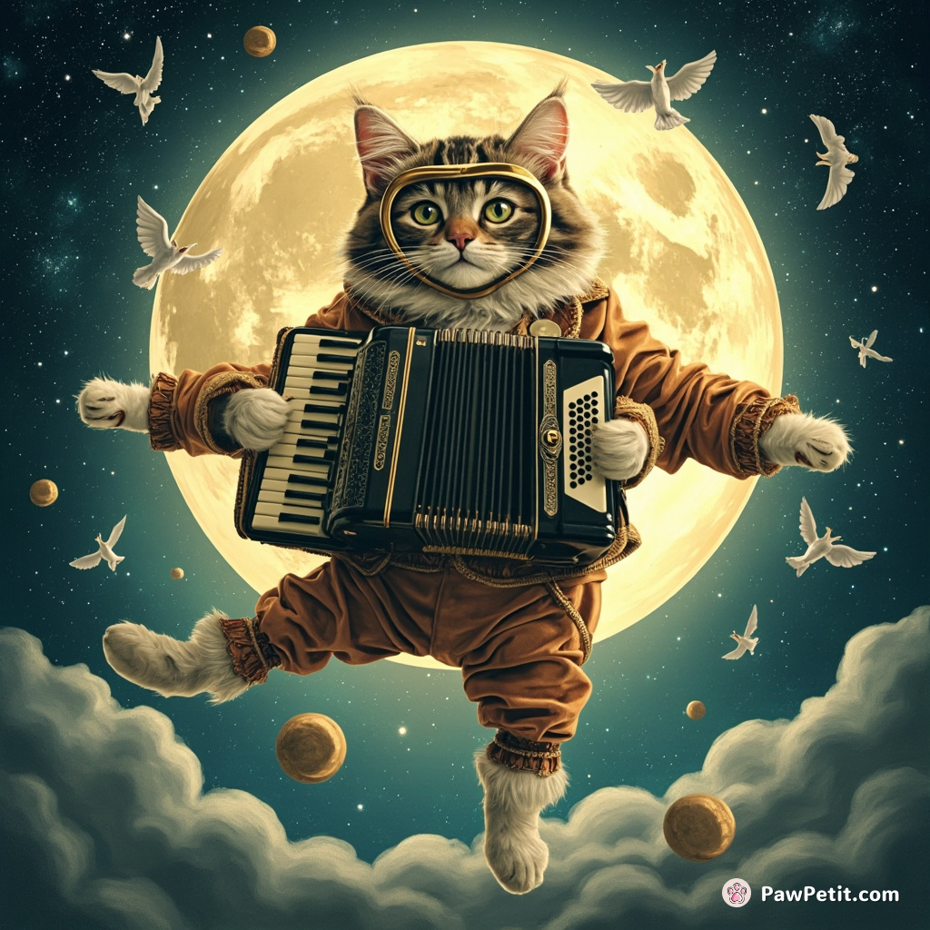 A cat in a Victorian style diving suit, doing a ballet dance on the moon while playing an accordion.