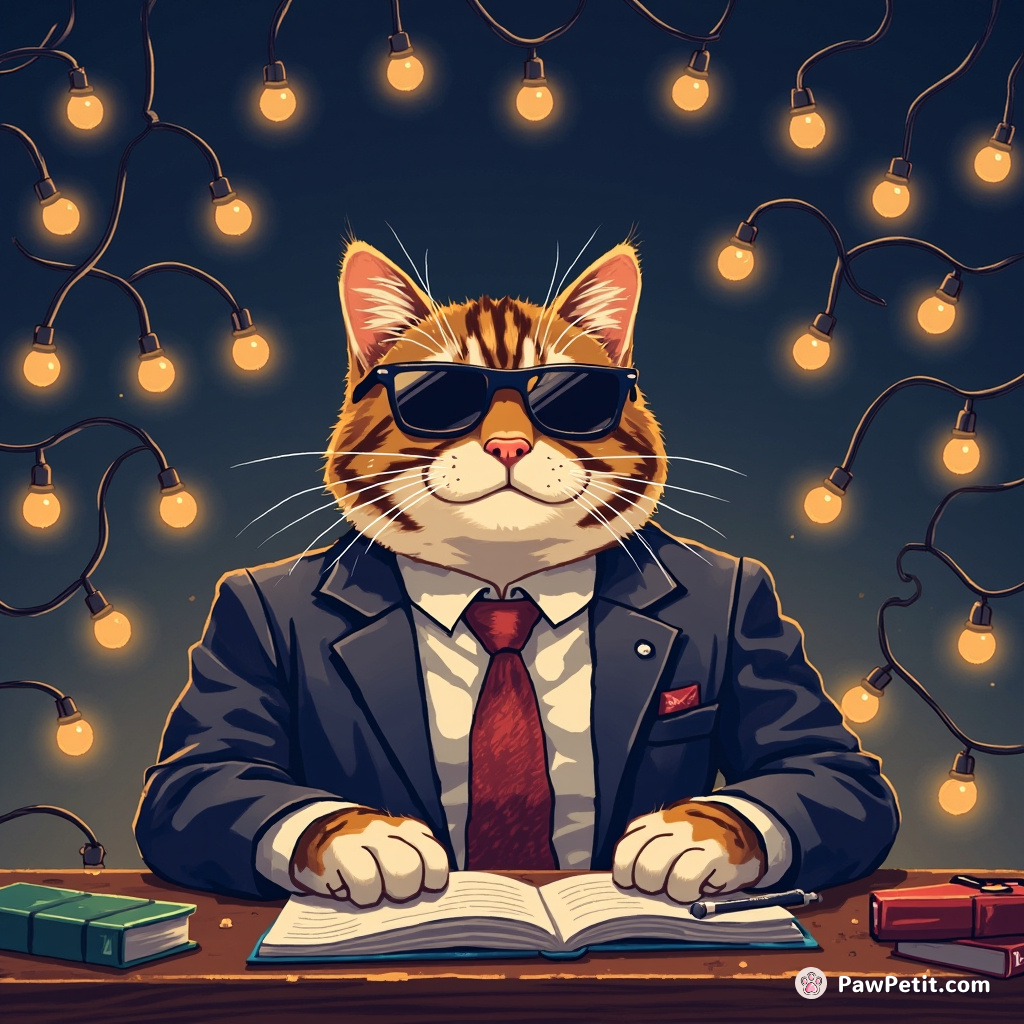 Cat Nap: Feline disguised as businessman thwarts major meeting by abruptly deciding it's bat-at-dangling-twinkle-light time.