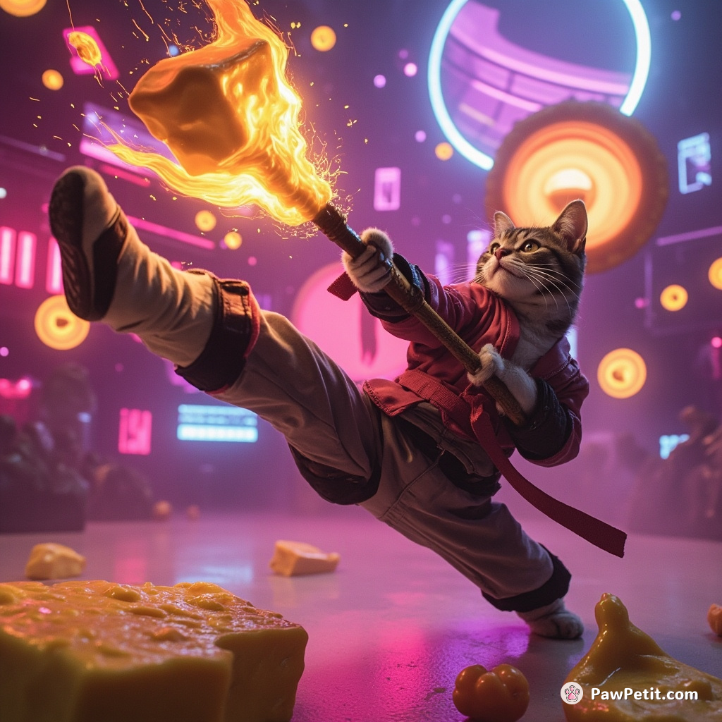 Cat karate-chopping molten cheese meteors in an interdimensional disco.