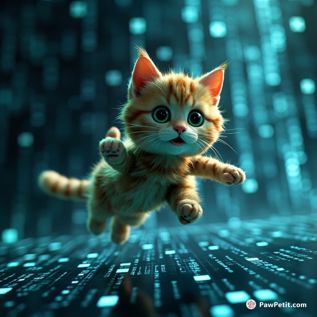 In this fantastical binary world, the pixelated cat effortlessly leaps across data streams, an agile hacker within code.