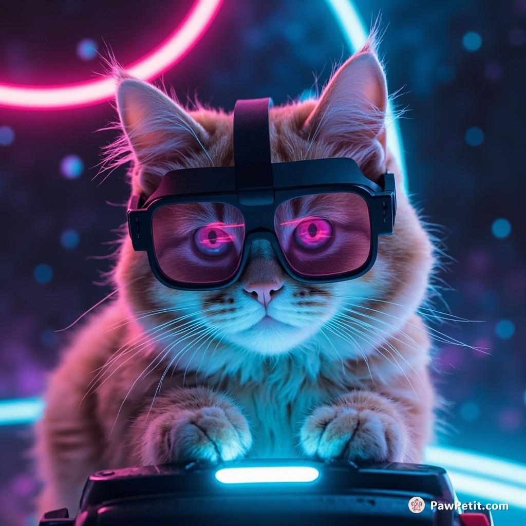 A neon cat gazing intensely into a futuristic VR console while levitating in zero gravity cosmos with retro 3D glasses.