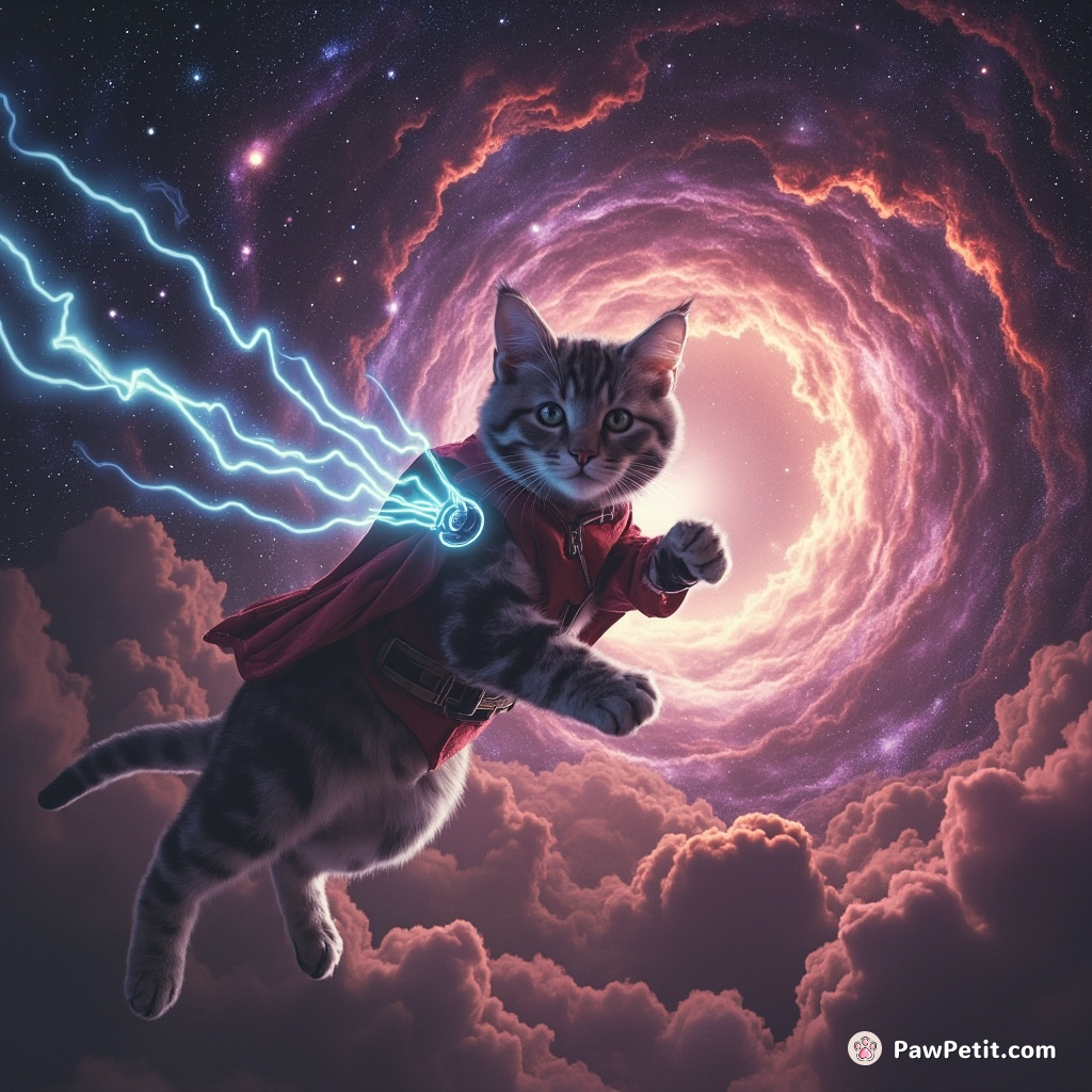 A feline activates a teleportation device, zapping itself into the heart of a nebula to rule as Cosmic Cat Overlord.