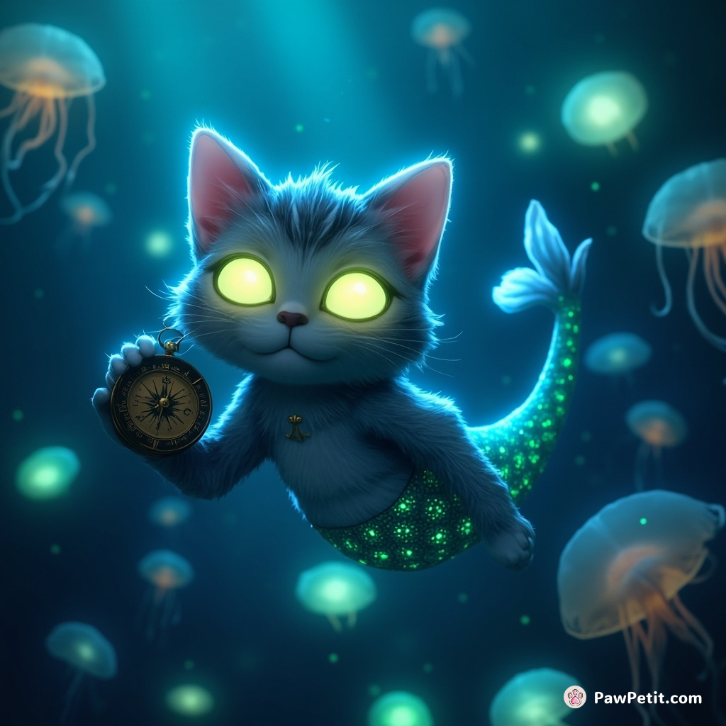 An eerily glowing deep-sea mermaid cat gracefully swimming through a forest of bioluminescent jellyfish, clutching a pirate captain's ancient compass in one paw.