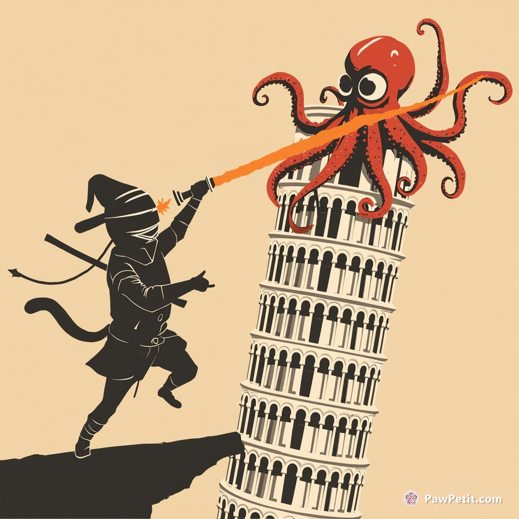 A steampunk ninja cat defeating a laser-eyed octopus on top of the Leaning Tower of Pisa.
