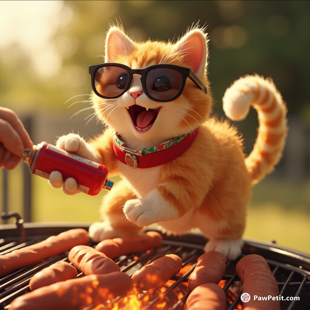Cat donning tiny sunglasses, boldly swiping a hotdog from BBQ grill; happy tail knocking over sauce bottle surprisingly!