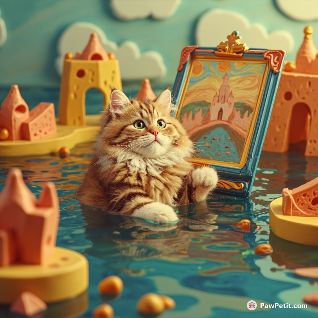 A fluffy Persian cat admiring its own Van Gogh-inspired painting while floating in a cheese mote around a cubistic salmon castle.
