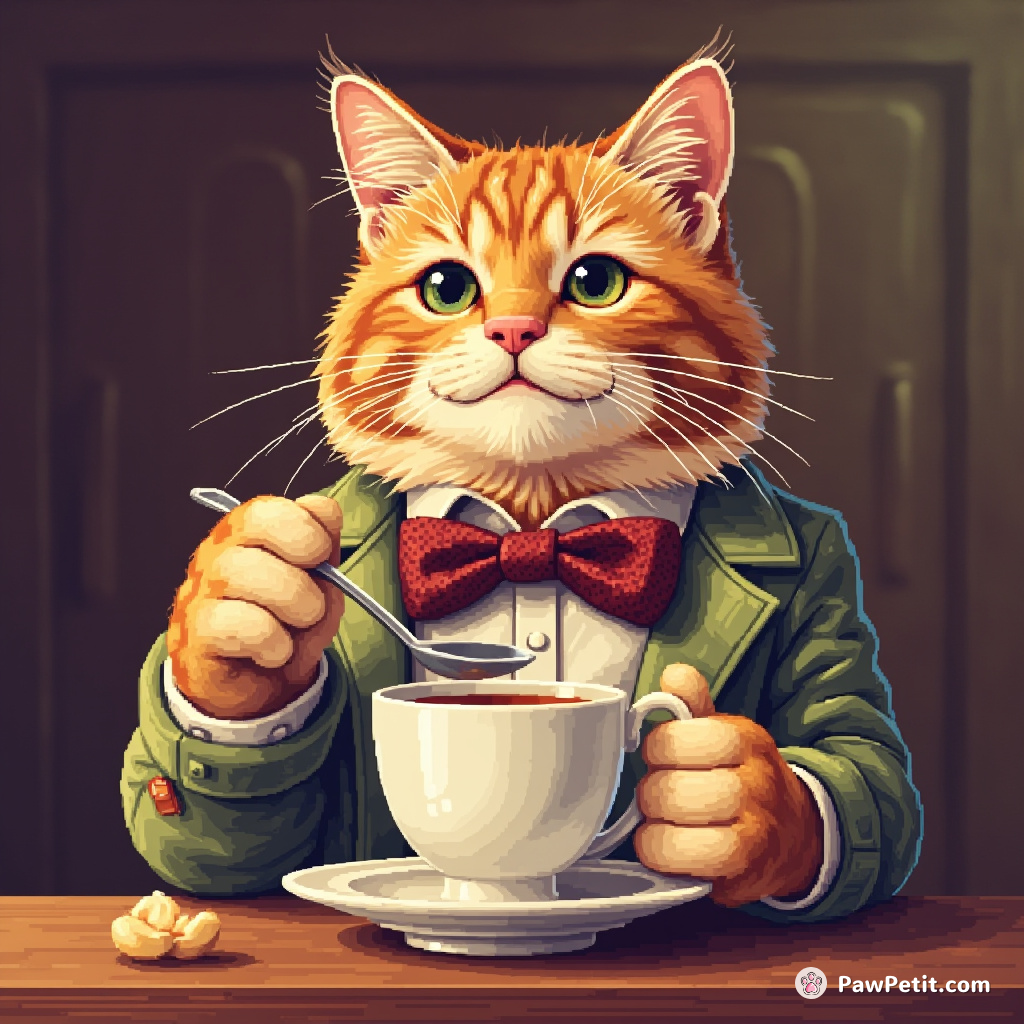 The cat, glowering with austere seriousness, slowly stirred his tea with a tiny spoon.