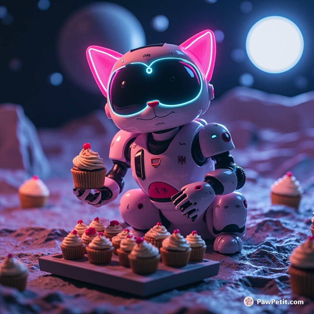 A giant robot cat baking neon cupcakes on the Moon.