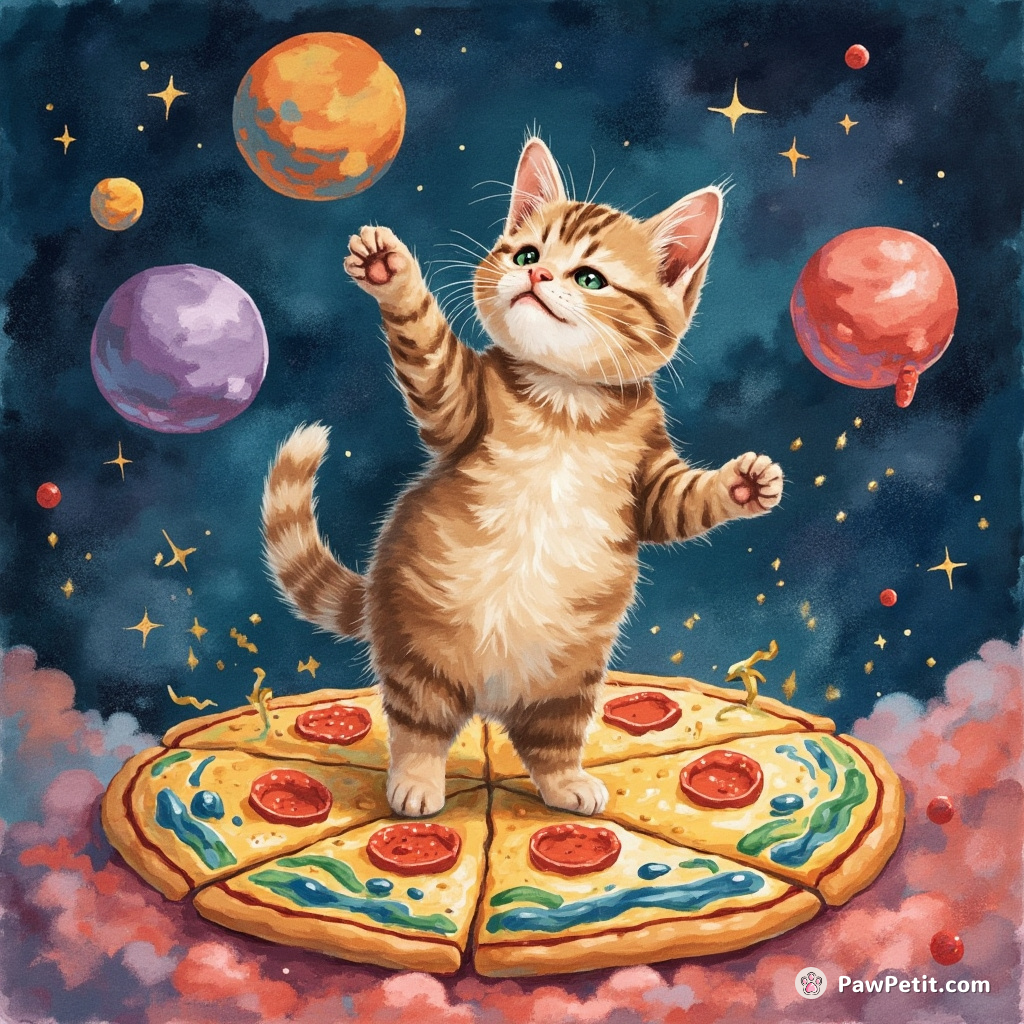 Cat performing a yoyo trick while dancing on a rainbow pizza in outer space.