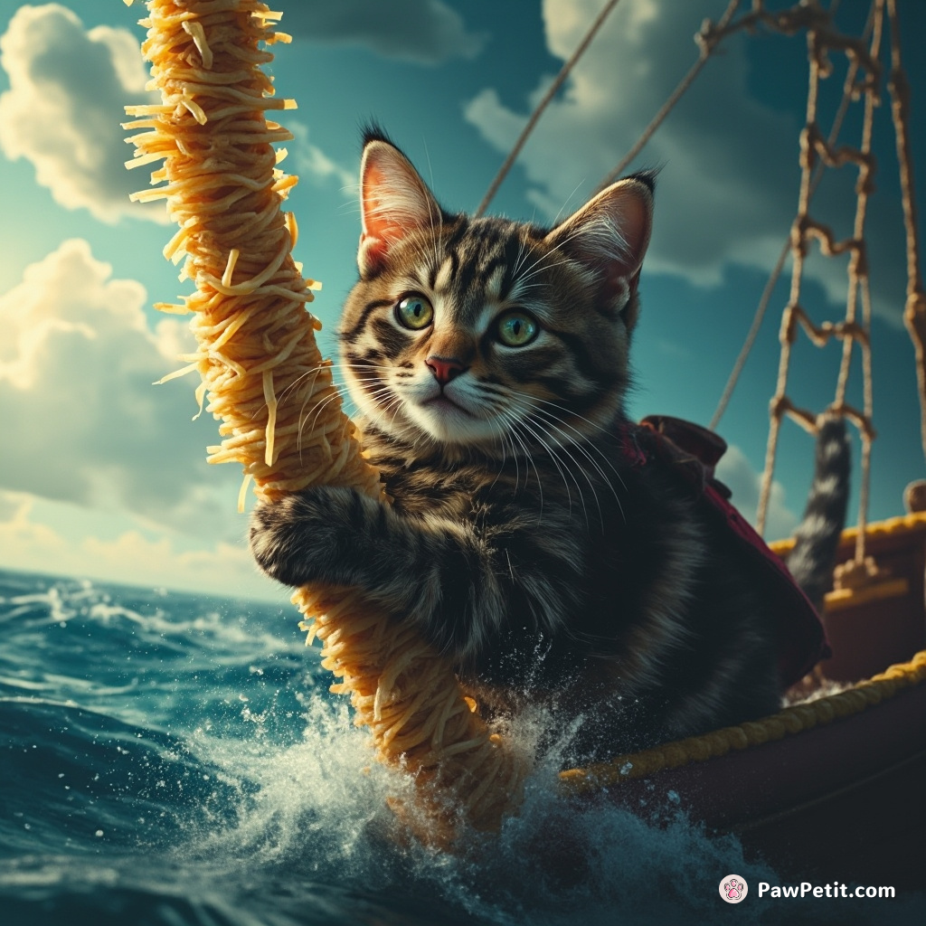 A pirate cat scaling a spaghetti noodle mast during a scrub brush storm on an ocean of blue pudding.