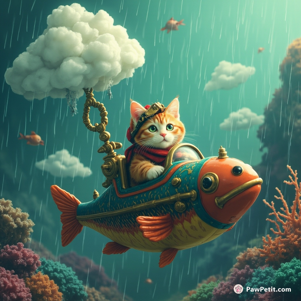 Steampunk cat piloting a wind-up fish submarine through coral-filled rain cloud.