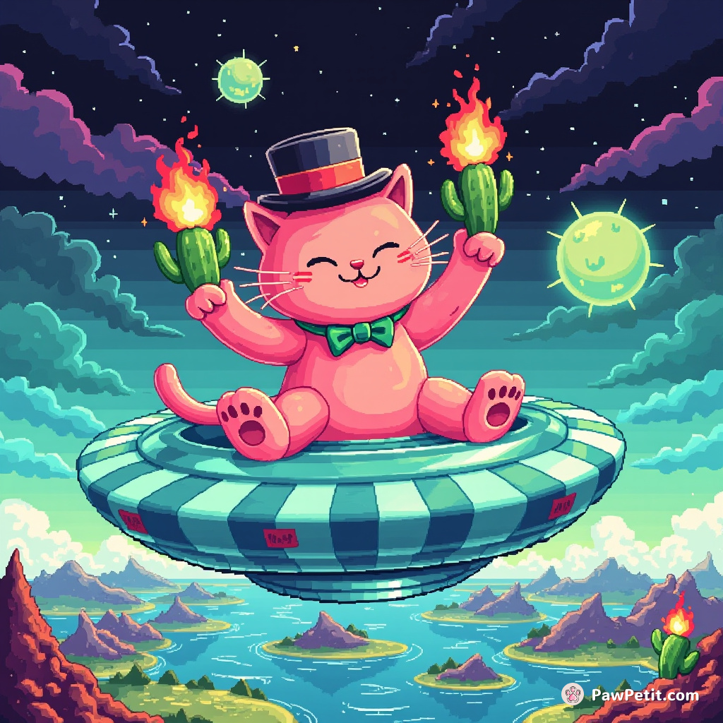 A pink cat in a top hat juggling flaming cacti on an aqua-plaid UFO flying over Atlantis.