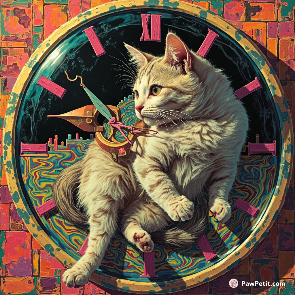 A contortionist cat twisting itself into Escher-esque impossible geometry within the confines of a transparent Salvador Dali styled melted timepiece.