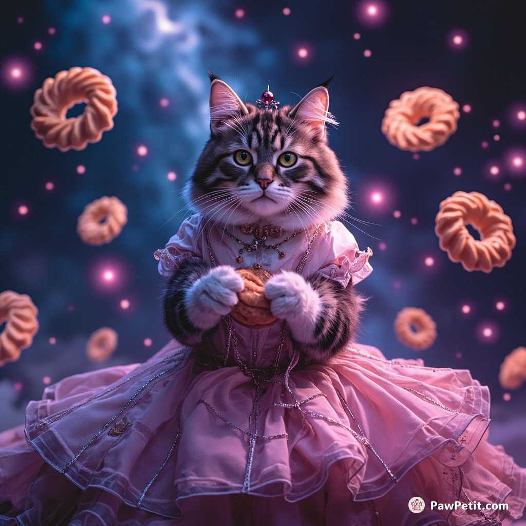 Giant cat in a Victorian dress knitting multidimensional floating pastries in a star nebula.