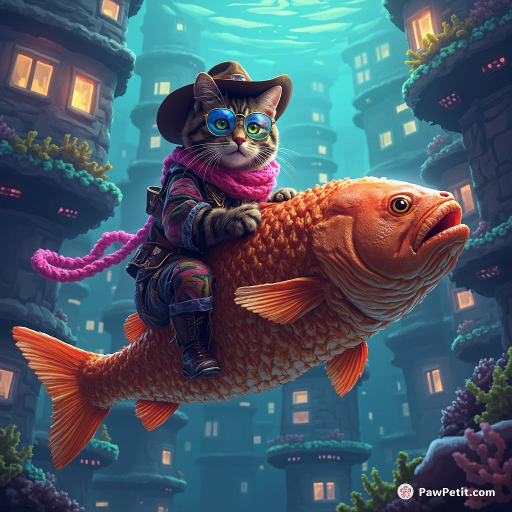 Cat in a neon cowboy outfit riding an enormous grilled fish through an underwater city of light bulbs.