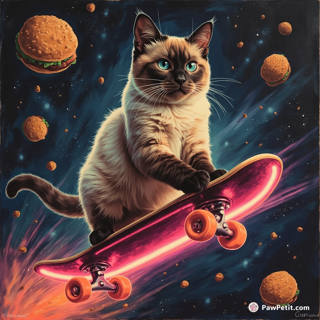 A Siamese cat riding a neon skateboard in space, dodging cheeseburgers asteroids.