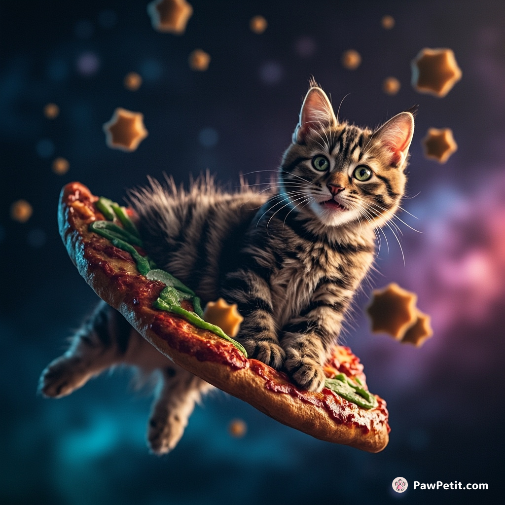 Feral tabby cat floating on a slice of rainbow pizza in the nebulous cosmos, clawing down falling stars with gleeful savagery.