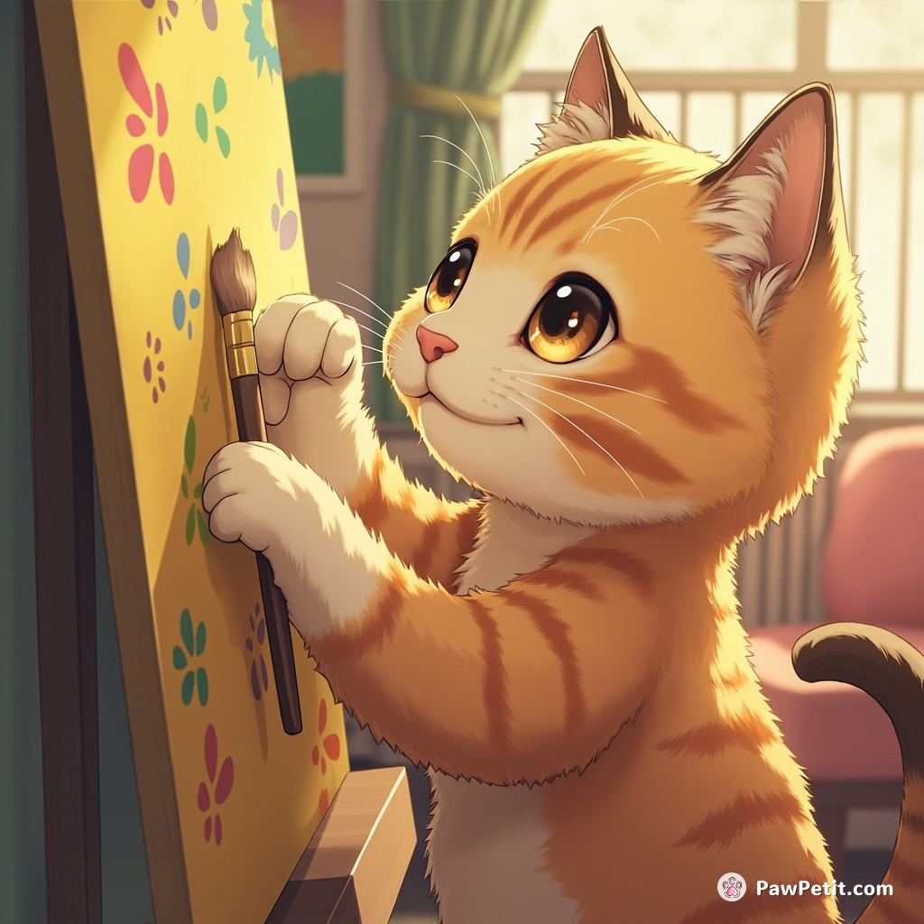 The cat confidently wields a paintbrush with its tail, imitating Picasso on the living room wall.