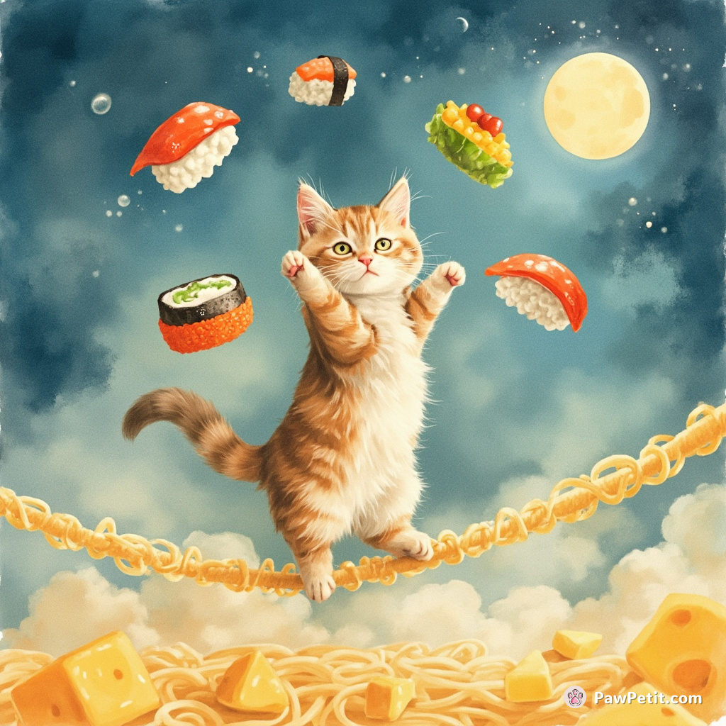 Cat juggling rainbow sushi on a tightrope made of spaghetti over a cheddar cheese moon.