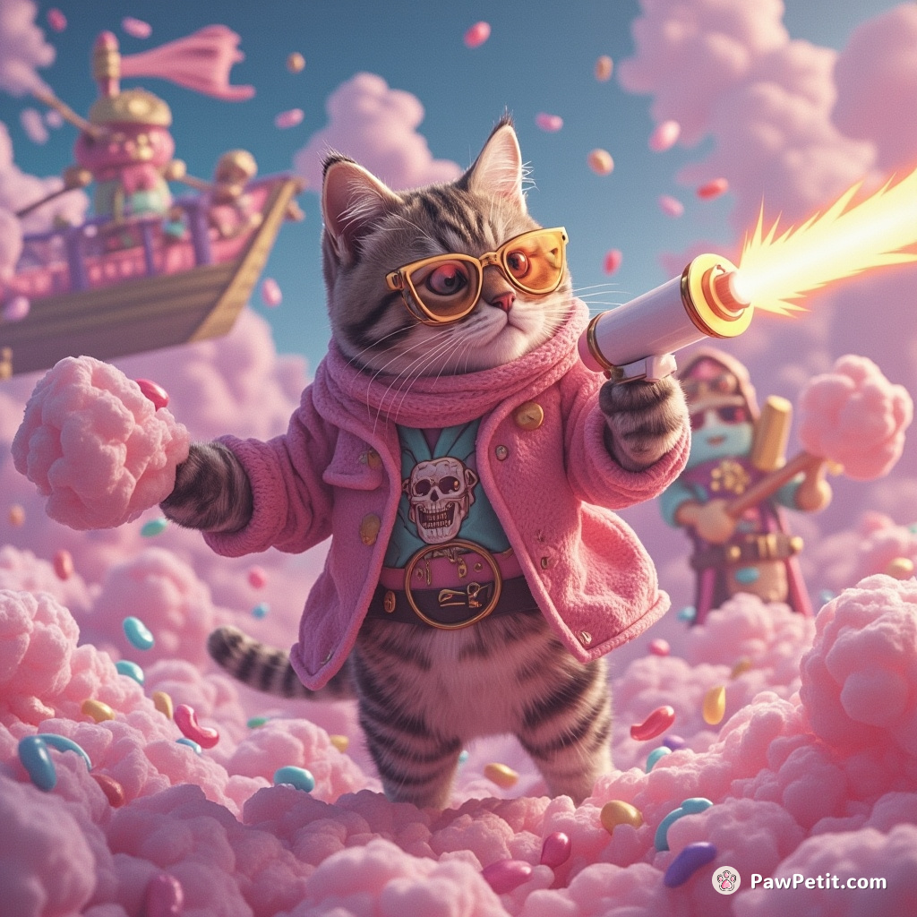 Cat using a marshmallow blaster to fend off confectionery pirates on a cotton candy ship in the middle of a jellybean ocean.