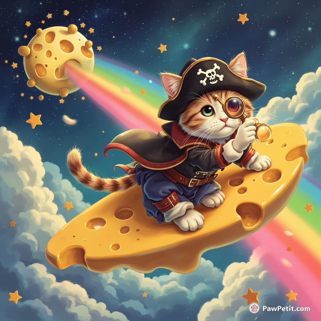 Cat surfing on a rainbow in a galaxy made of cheese, wearing pirate attire and squinting at the viewer through a spyglass.