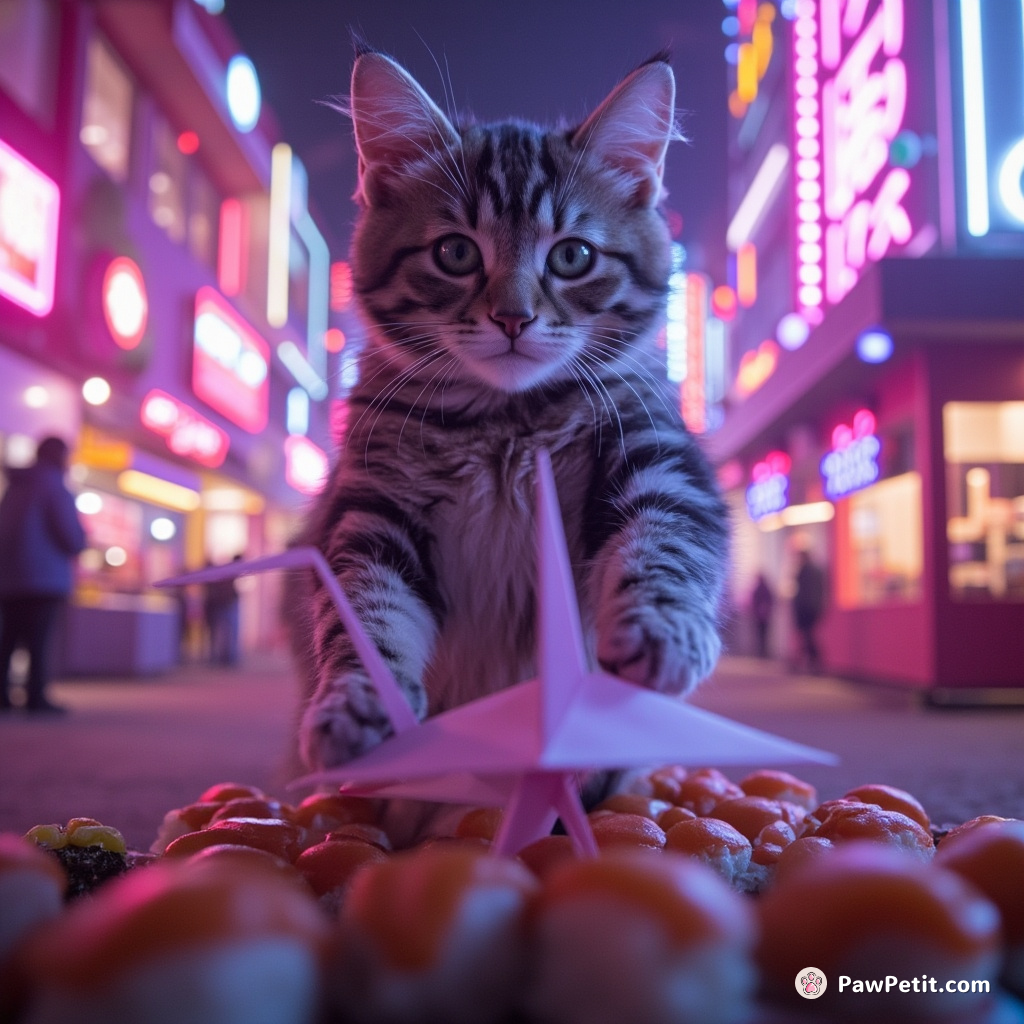 A gravity-defying cat balancing on a tiny origami crane, under neon sushi rain in the middle of a Candyland carnival.