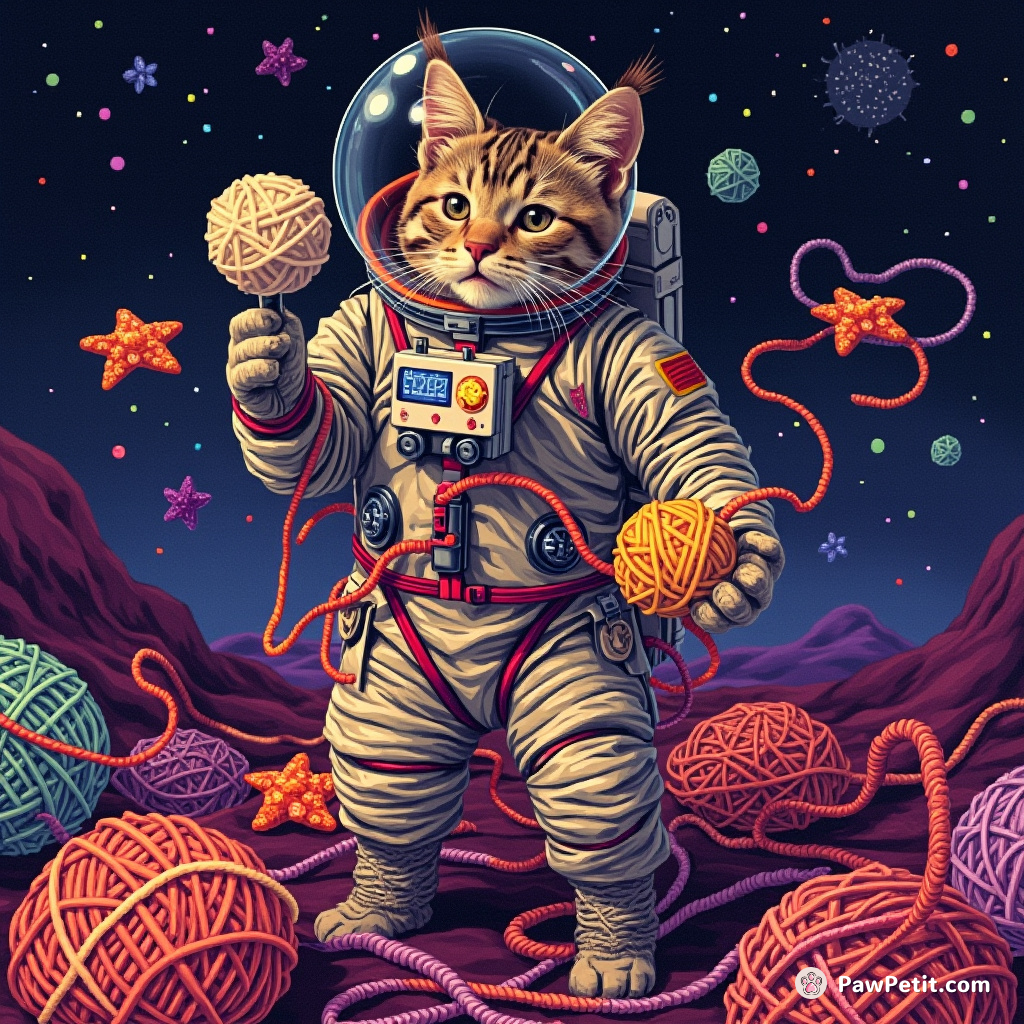 Space astronaut cat hosting a cosmic yarn ball gala with floating starfish guests.