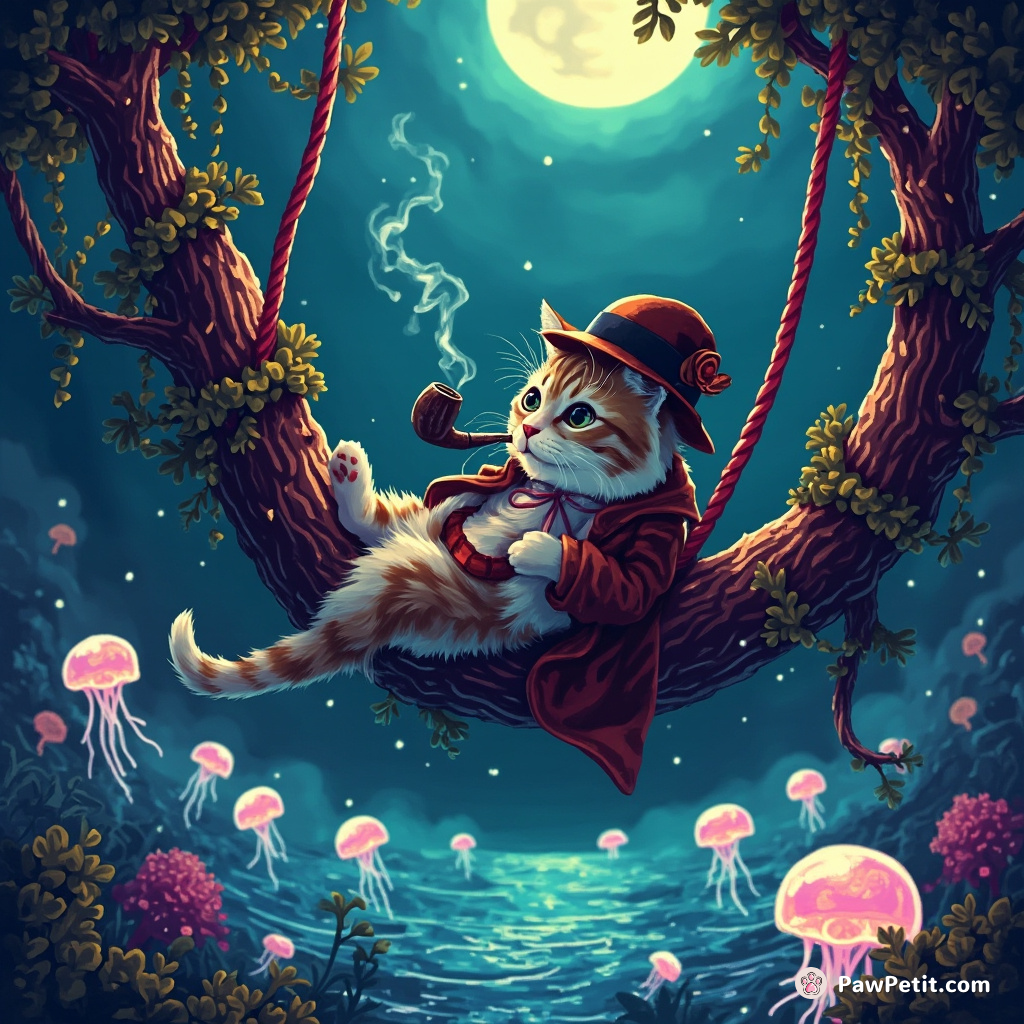 Cat swinging on a licorice vine over a lagoon of luminescent jellyfish, wearing a sherlock holmes hat and smoking a pipe.