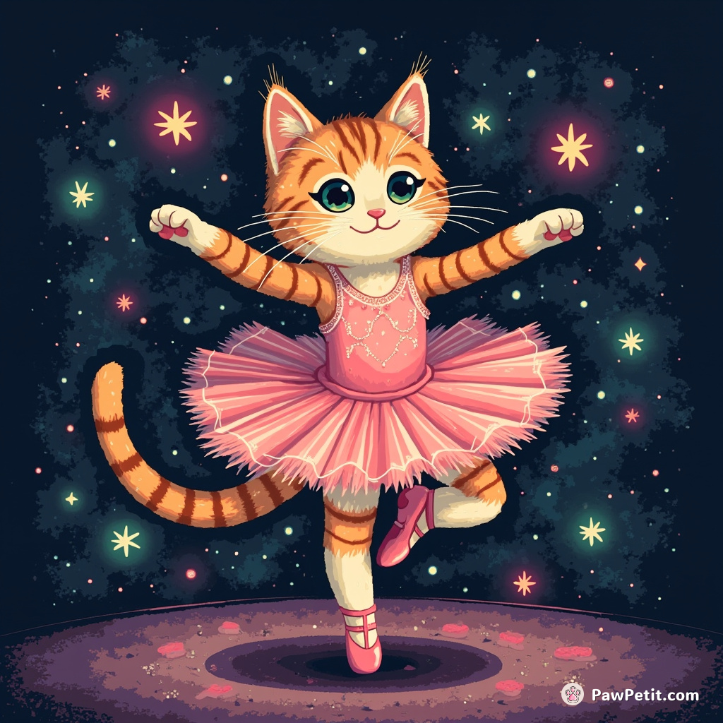 Intricate Cat Ballet: Fuzzy Whiskeridge, enchanted with ballet shoes, prances a mystical dance saving kittendom from vacuous void.