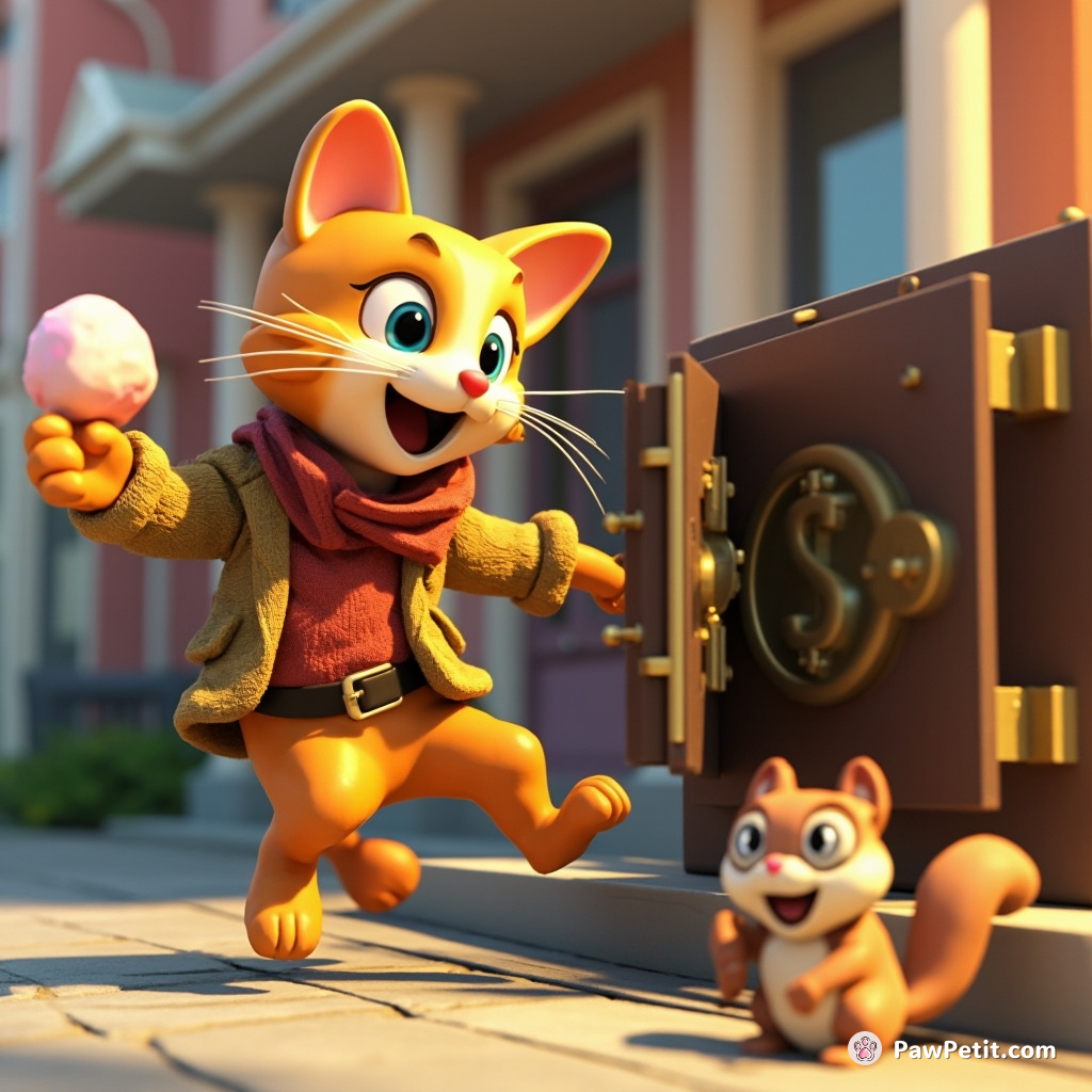 A cat attempts a bank heist, but its pounce for the vault is thwarted by a squirrel demanding a cut.