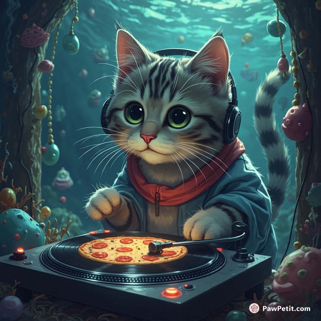 Cat DJ spinning a pizza disc on a turntable at an underwater barn disco party.