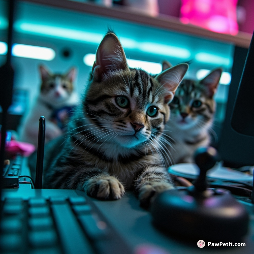 Infiltrating office spaces, cats subtly maneuver joysticks under hidden desks as unofficial drone pilots.