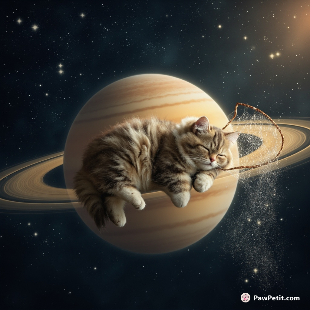 Cat napping on the rings of Saturn, using a fishing net to catch passing star.