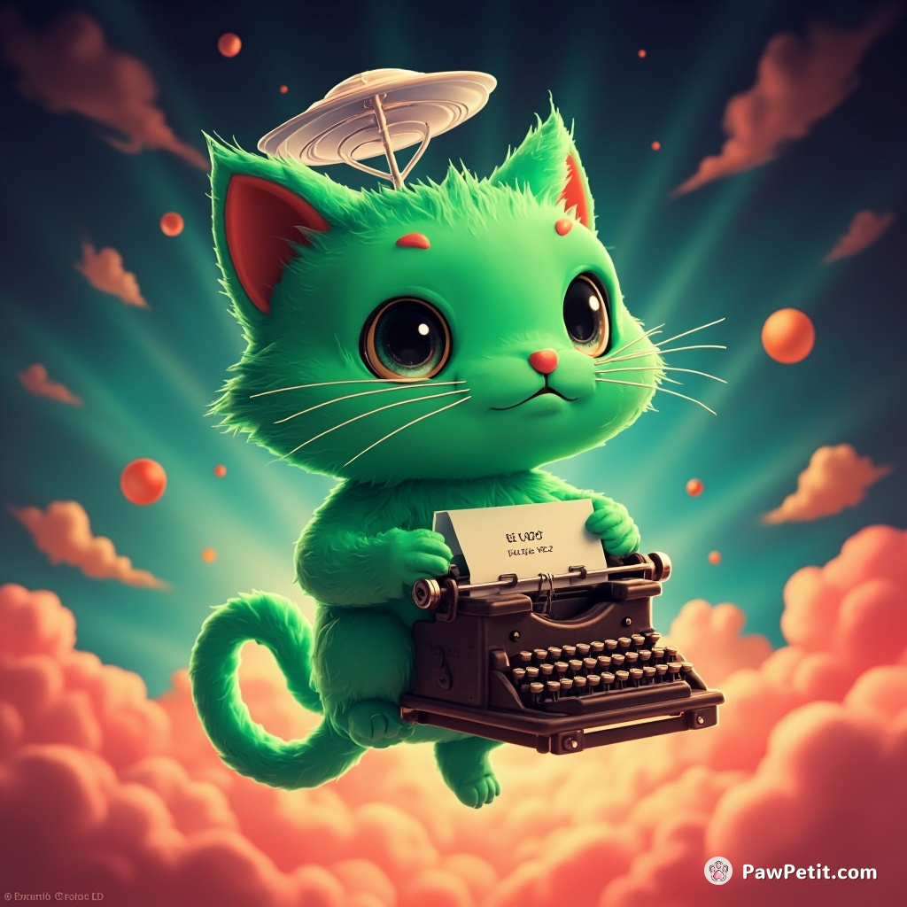 A fluorescent green cat levitating with radar dish ears, decrypting alien messages from a vintage typewriter against a plasma cloud background.