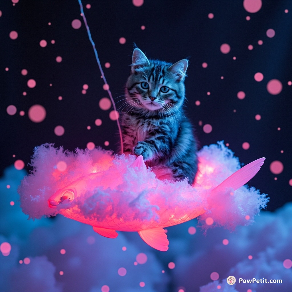 Neon-glowing cat performing slam poetry on a floating fish-shaped cloud under confetti rain.