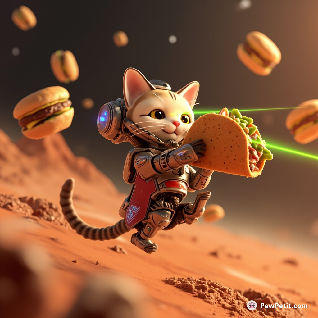 Cyborg cat eating tacos on Mars while shooting laser beams from its eyes at floating cheeseburgers.