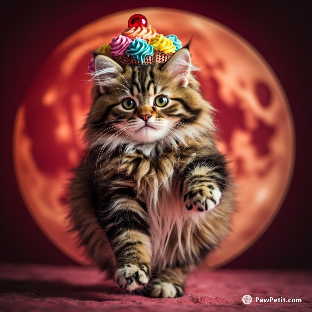 A cat tap-dancing on a crimson moon with a colorful cupcake crown.