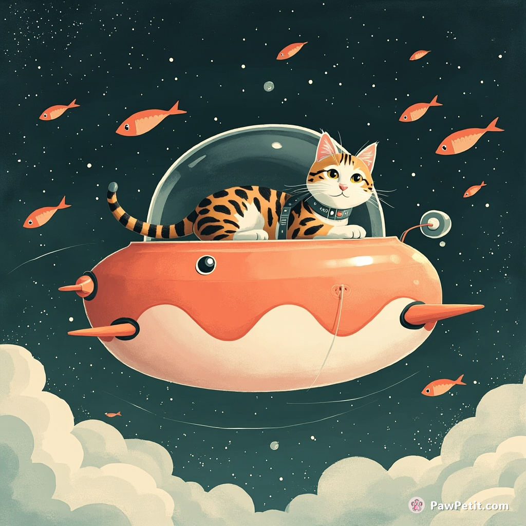 A spotted tabby cat, captain of a majestic flying jellybean-shaped spaceship, gallantly navigating through a space storm of fish lunarscapes.