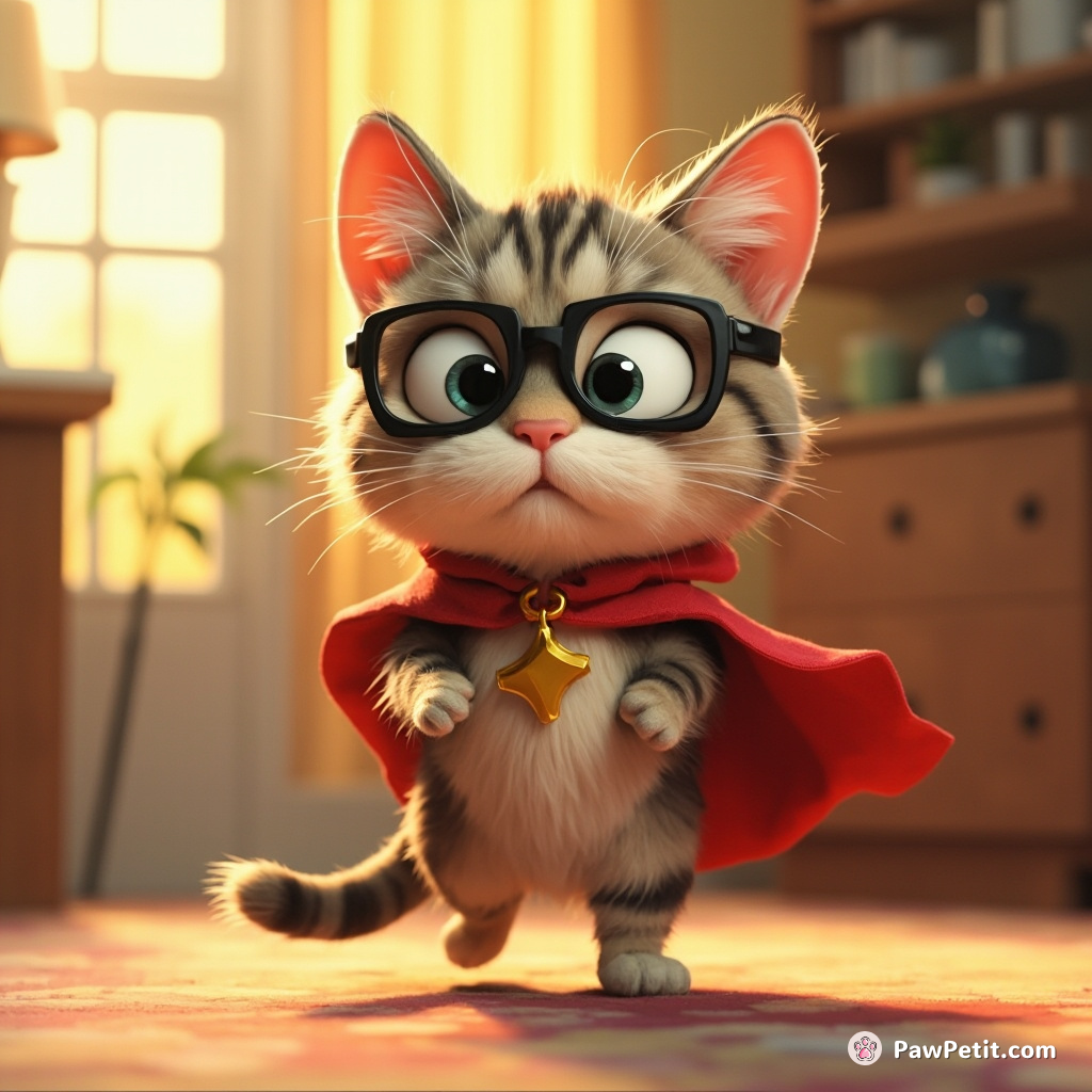 The cat, donning a tiny cape, struts around the house imposing rules with stern meows that mirror human authority.