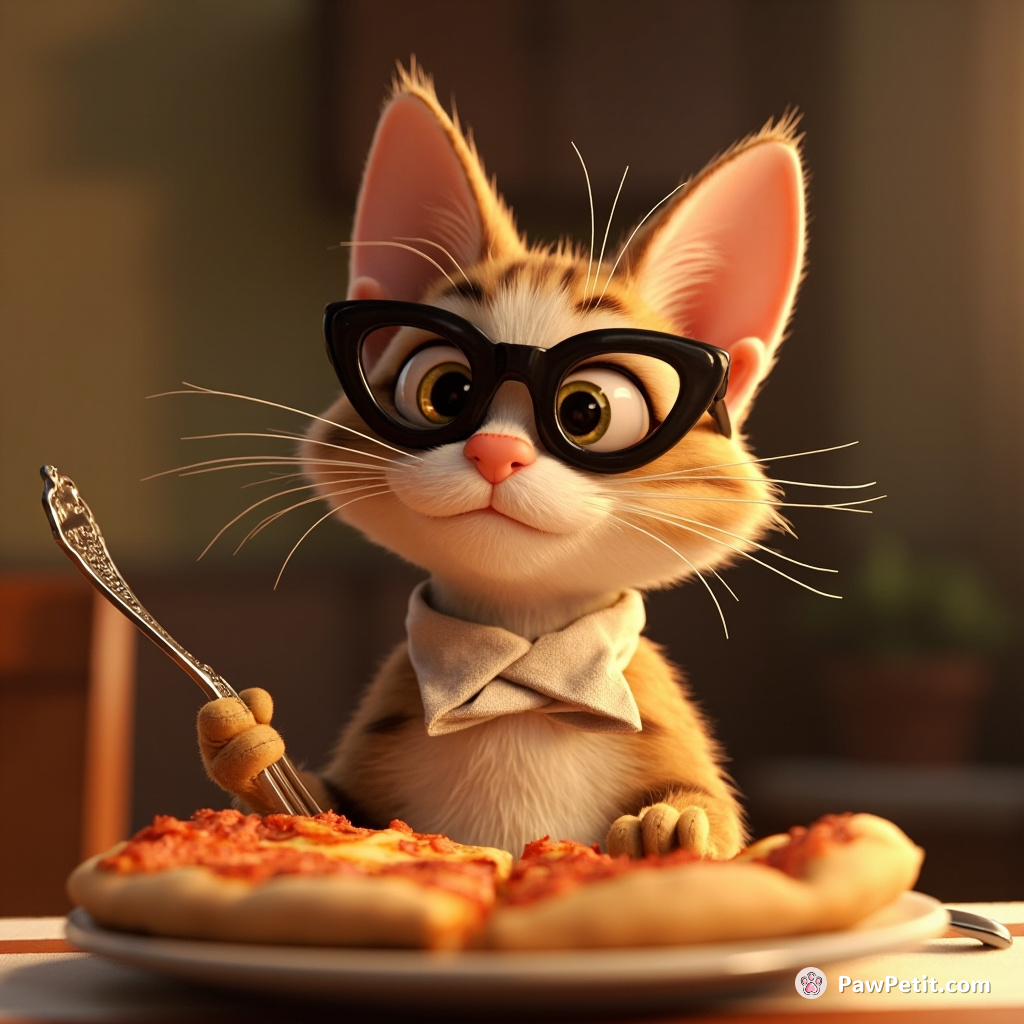 Whiskers, the dapper kitty, amusingly adopts eating pizza with a fork - cloth napkin tucked neatly into her collar.