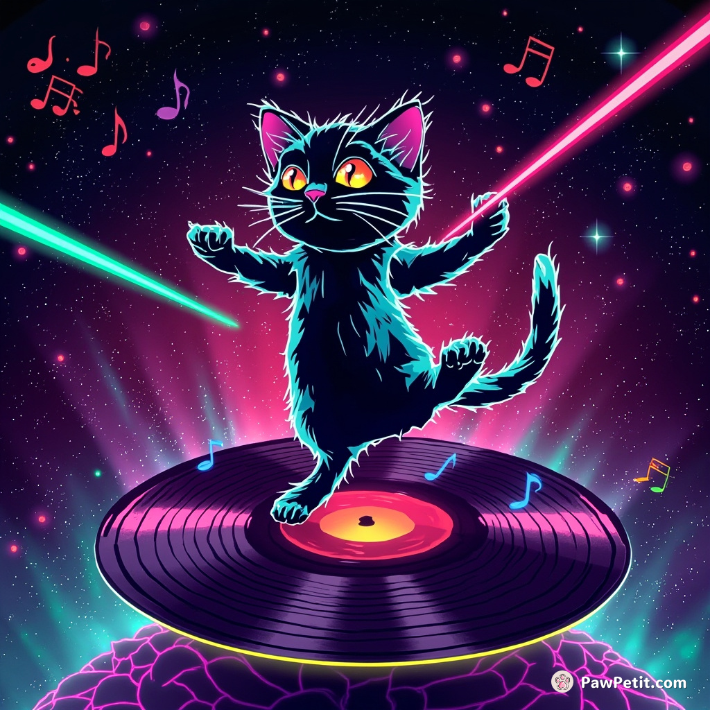 A neon cat with winds made of illustrated musical notes, shooting lasers from its eyes, dancing atop a levitating 80's vinyl in hyperspace.