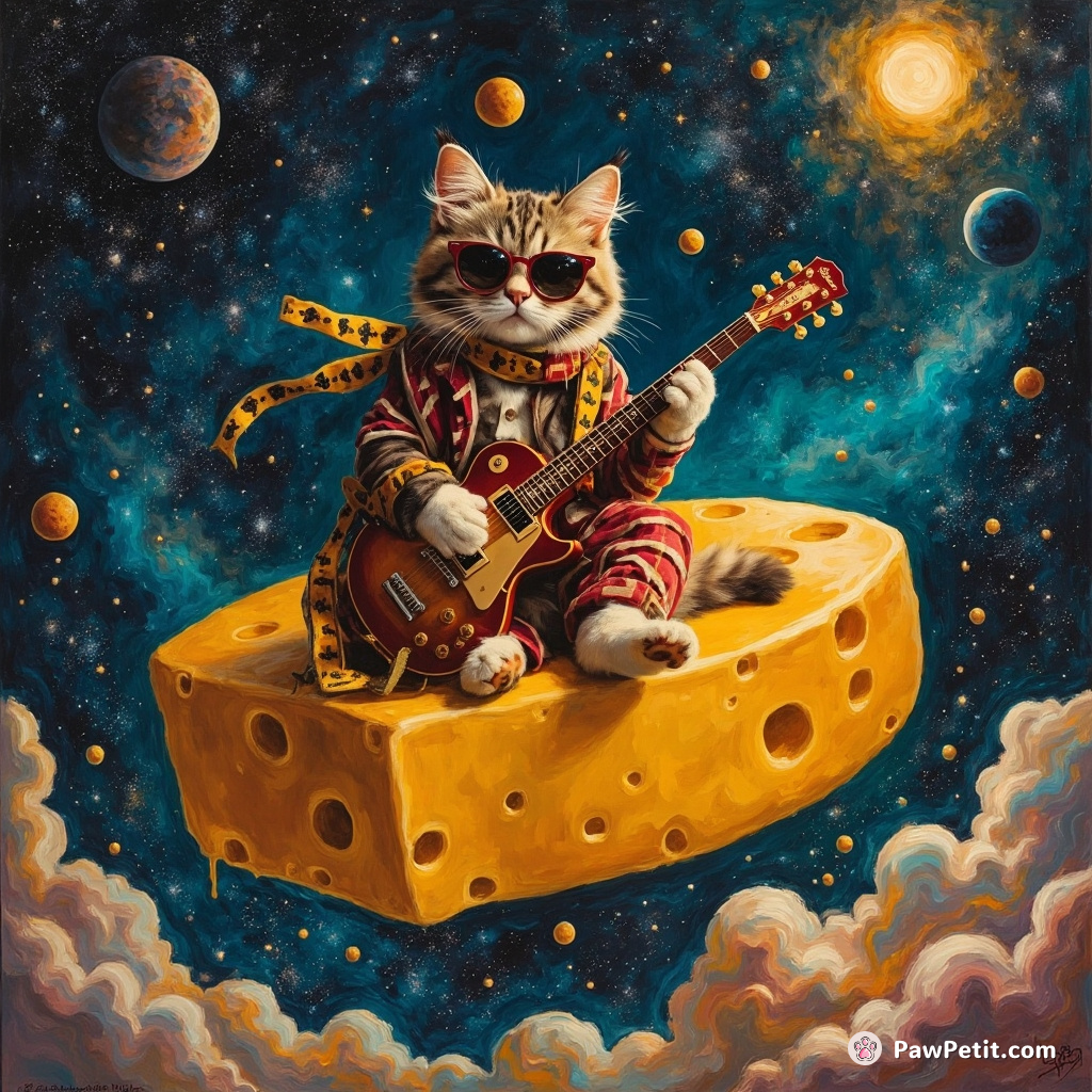 A punk-rock cat writing a symphony atop a gigantic floating gouda cheese in the neon-glow starry cosmos.