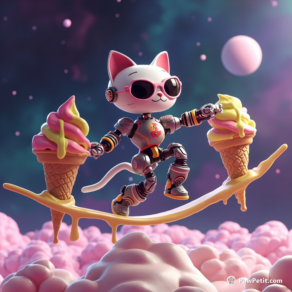 A cybernetic cat balancing on a tightrope stretched between two melting ice cream cones in space.