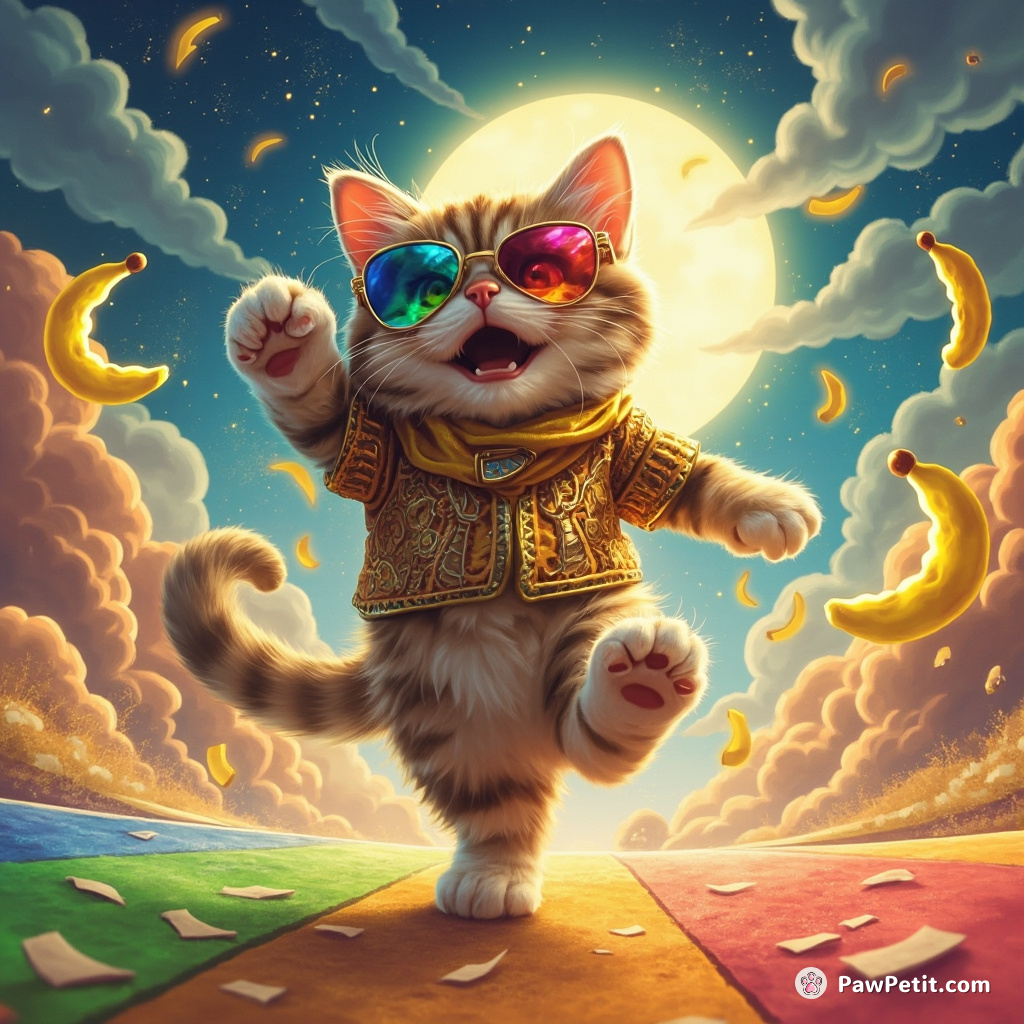 A cat doing a moonwalk on the rainbow road from Mario Kart, dodging banana peels while wearing Elvis sunglasses.