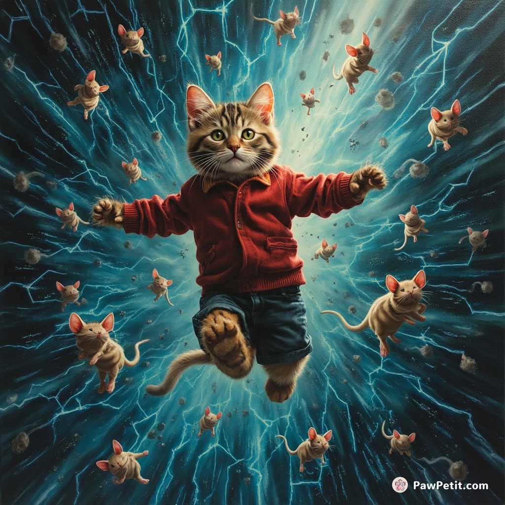 Within an Electric Whiskerland, our cat-coded protagonist performs acrobatic data-leaps, shattering cyber-mice into pixels in the infinity grid.