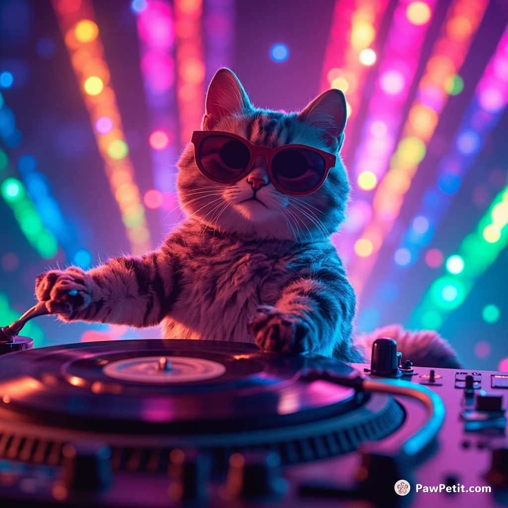 A commercially successful DJ cat spinning records made out of fish under disco-style, rainbow-colored northern lights.