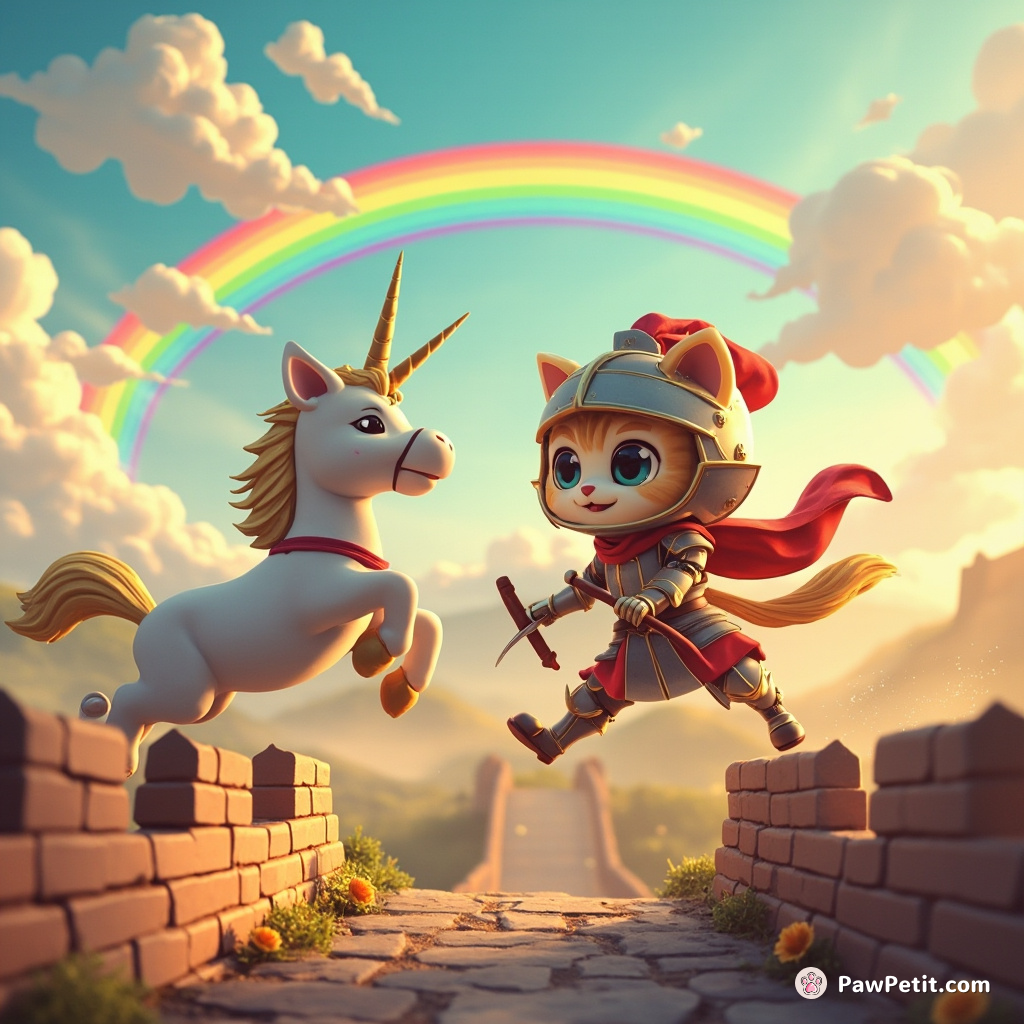 A gallant knight cat jousting with a unicorn on the Great Wall of China under rainbow-drenched skies.