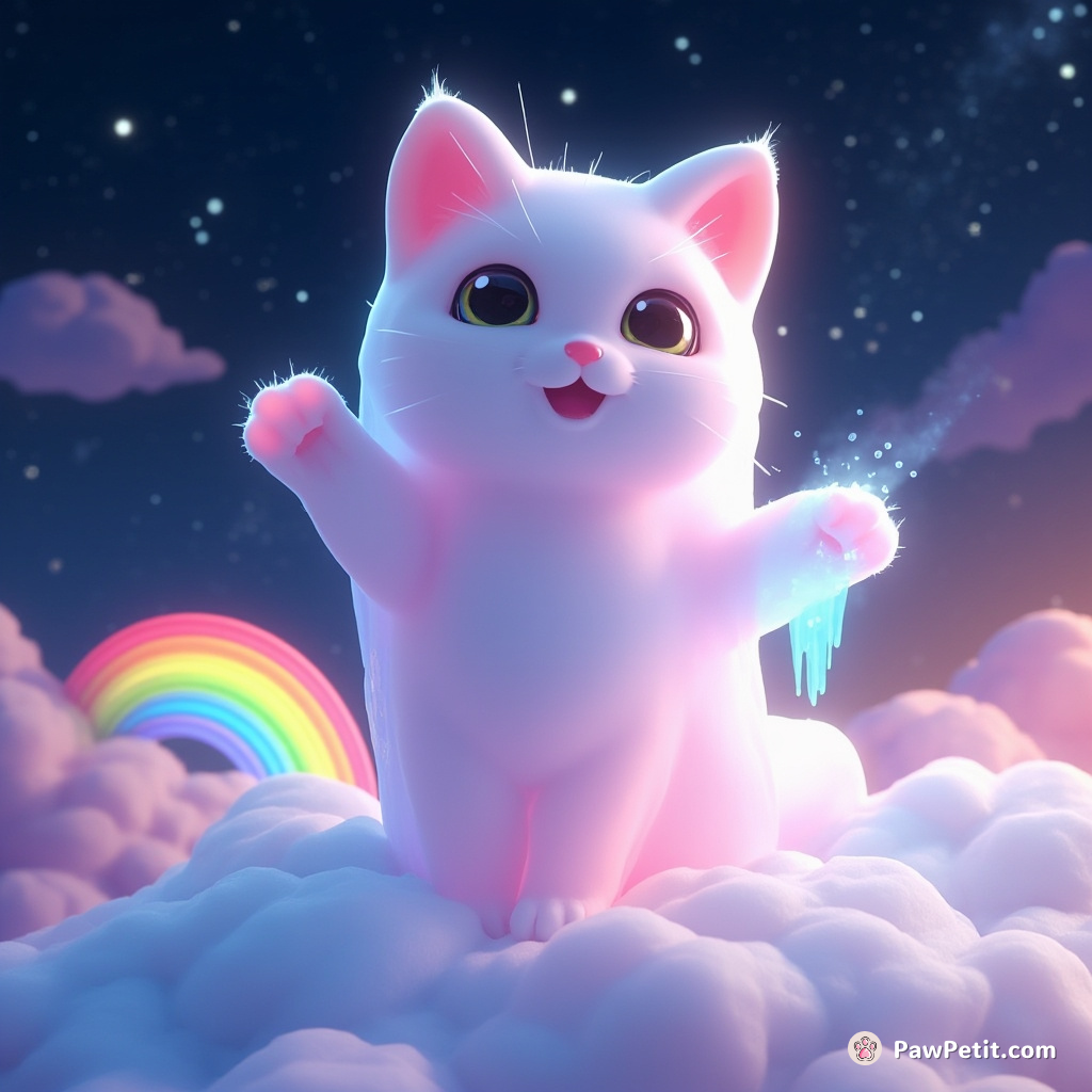 A transparent ghost cat painting a raining rainbow with its spectral paws, while standing on a floating marshmallow cloud in starry sky.