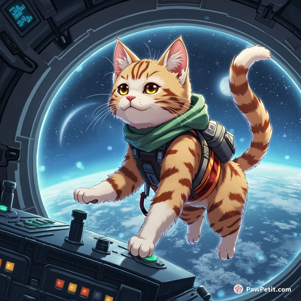 Leaping gracefully onto the control panel, the cat miraculously manipulated the inter-galactic spaceship's navigation system with a flick of her tail.